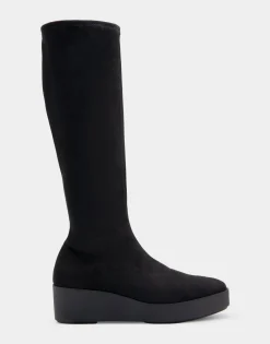 Comfortable Women's Flatform Heel Tall Shaft Boot in Black Stretch Faux Suede