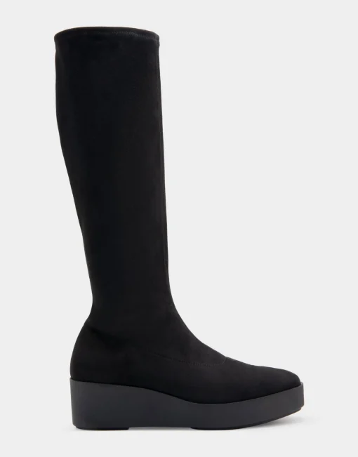Comfortable Women's Flatform Heel Tall Shaft Boot in Black Stretch Faux Suede
