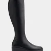 Comfortable Women's Flatform Heel Tall Shaft Boot in Black Faux Leather