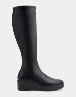 Comfortable Women's Flatform Heel Tall Shaft Boot in Black Faux Leather