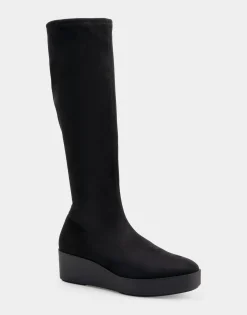 Comfortable Women's Flatform Heel Tall Shaft Boot in Black Stretch Faux Suede