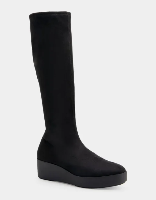 Comfortable Women's Flatform Heel Tall Shaft Boot in Black Stretch Faux Suede