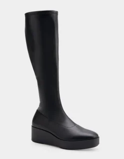 Comfortable Women's Flatform Heel Tall Shaft Boot in Black Faux Leather