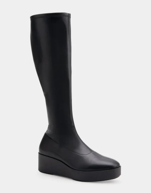 Comfortable Women's Flatform Heel Tall Shaft Boot in Black Faux Leather