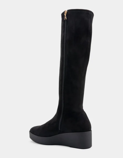 Comfortable Women's Flatform Heel Tall Shaft Boot in Black Stretch Faux Suede
