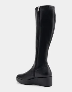Comfortable Women's Flatform Heel Tall Shaft Boot in Black Faux Leather