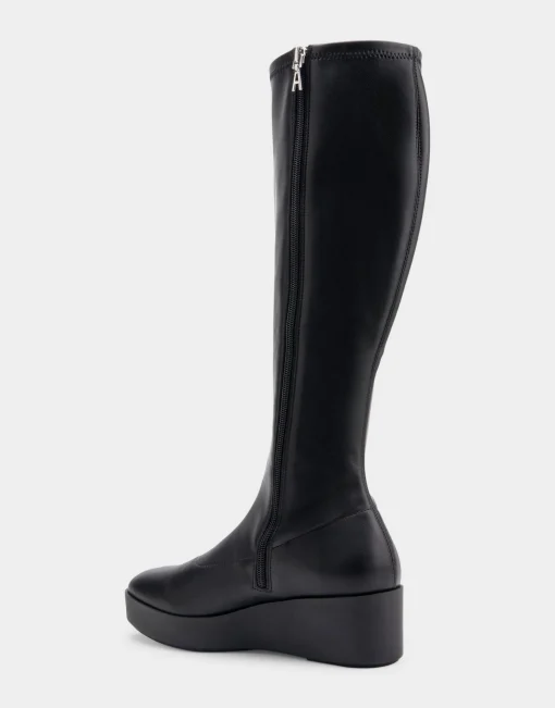 Comfortable Women's Flatform Heel Tall Shaft Boot in Black Faux Leather