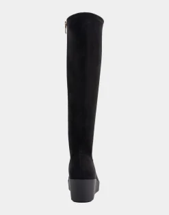 Comfortable Women's Flatform Heel Tall Shaft Boot in Black Stretch Faux Suede