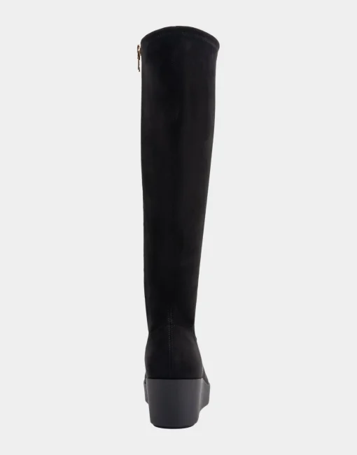 Comfortable Women's Flatform Heel Tall Shaft Boot in Black Stretch Faux Suede
