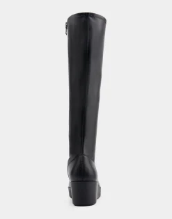 Comfortable Women's Flatform Heel Tall Shaft Boot in Black Faux Leather