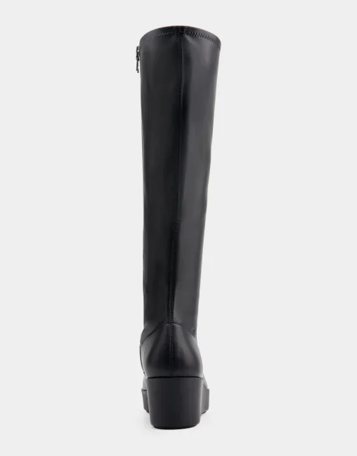 Comfortable Women's Flatform Heel Tall Shaft Boot in Black Faux Leather