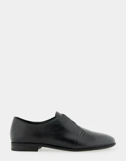 Comfortable Women's Flexible Tailored Menswear Inspired Slip-on Oxford in Black Burnished Leather Leather