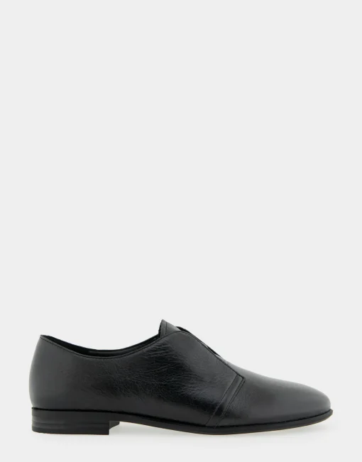 Comfortable Women's Flexible Tailored Menswear Inspired Slip-on Oxford in Black Burnished Leather Leather