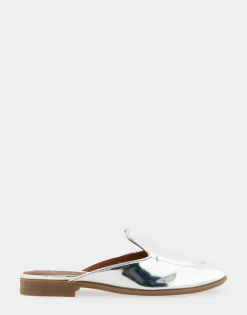 Comfortable Women's Flexible Tailored Loafer Mule in Silver Mirror Metallic Faux Leather Faux Leather