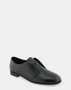 Comfortable Women's Flexible Tailored Menswear Inspired Slip-on Oxford in Black Burnished Leather Leather