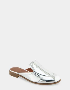 Comfortable Women's Flexible Tailored Loafer Mule in Silver Mirror Metallic Faux Leather Faux Leather