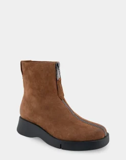 Comfortable Women's Flexible Molded Unit Front Zip Bootie in Tobacco Suede