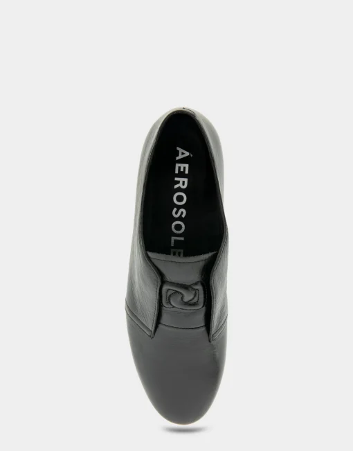 Comfortable Women's Flexible Tailored Menswear Inspired Slip-on Oxford in Black Burnished Leather Leather