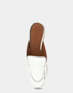 Comfortable Women's Flexible Tailored Loafer Mule in Silver Mirror Metallic Faux Leather Faux Leather