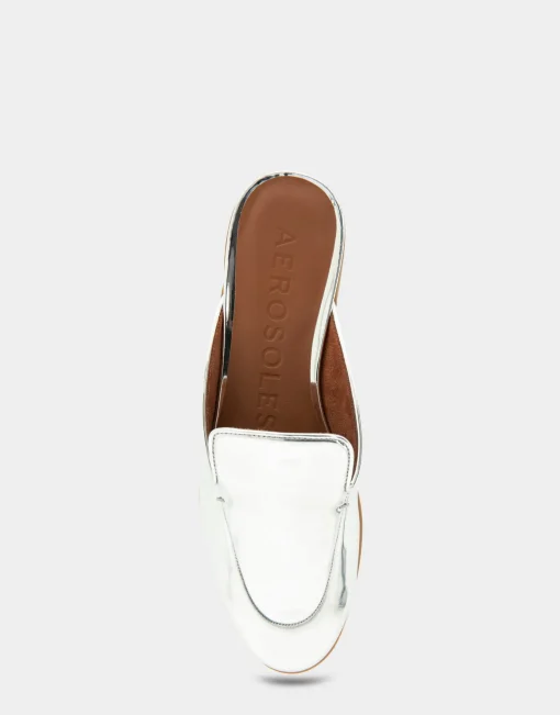 Comfortable Women's Flexible Tailored Loafer Mule in Silver Mirror Metallic Faux Leather Faux Leather