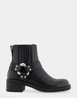 Comfortable Women's Gored Squared Toe Engineer Bootie in Black Waxy Leather Leather