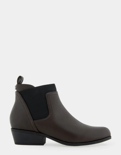Comfortable Women's Gored Ankle Bootie With Pull Tab in Java Grainy Faux Leather Faux Leather