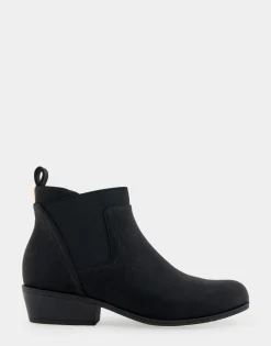 Comfortable Women's Gored Ankle Bootie With Pull Tab in Black Grainy Faux Leather Faux Leather