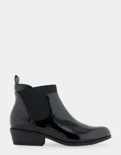 Comfortable Women's Gored Ankle Bootie With Pull Tab in Black Crinkled Patent Faux Leather Patent Faux Leather