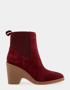 Comfortable Women's Gored Sculpted Wedge Crepe Heel Bootie in Burgundy Suede Suede