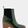 Comfortable Women's Gored Sculpted Wedge Crepe Heel Bootie in Fir Green Crinkled Patent Faux Leather Patent Faux Leather