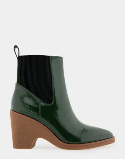 Comfortable Women's Gored Sculpted Wedge Crepe Heel Bootie in Fir Green Crinkled Patent Faux Leather Patent Faux Leather