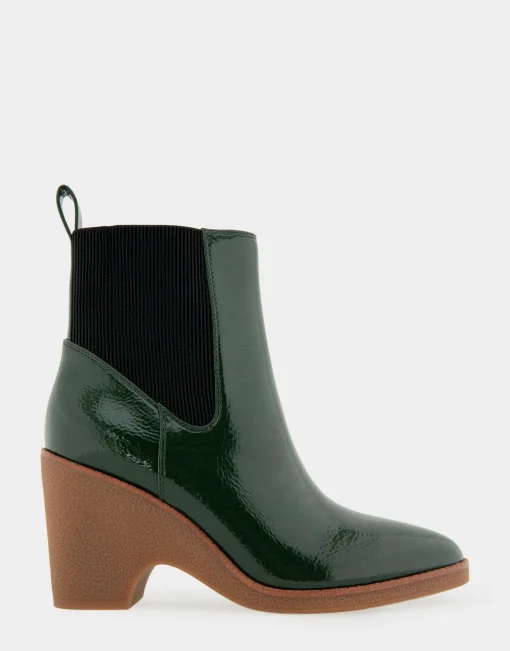 Comfortable Women's Gored Sculpted Wedge Crepe Heel Bootie in Fir Green Crinkled Patent Faux Leather Patent Faux Leather