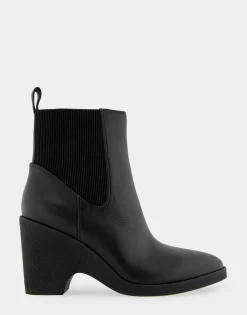 Comfortable Women's Gored Sculpted Wedge Crepe Heel Bootie in Black Leather Leather