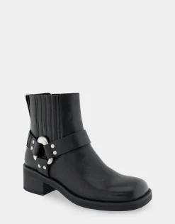 Comfortable Women's Gored Squared Toe Engineer Bootie in Black Waxy Leather Leather
