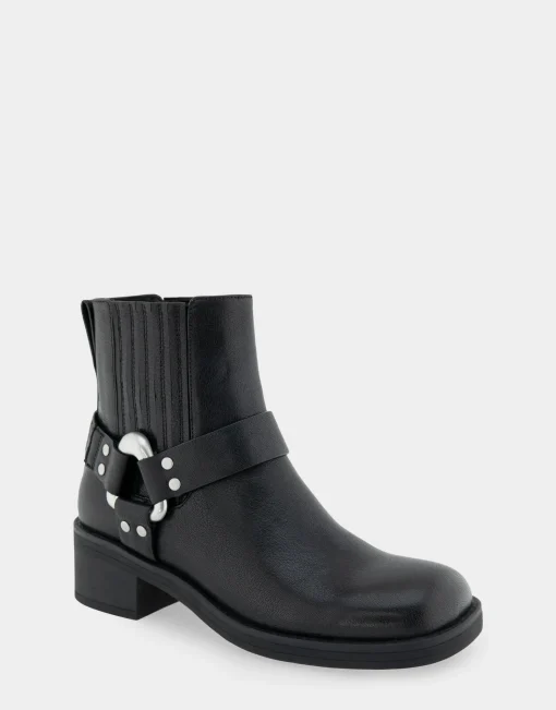 Comfortable Women's Gored Squared Toe Engineer Bootie in Black Waxy Leather Leather