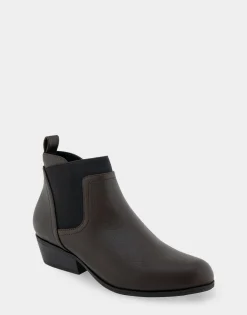 Comfortable Women's Gored Ankle Bootie With Pull Tab in Java Grainy Faux Leather Faux Leather