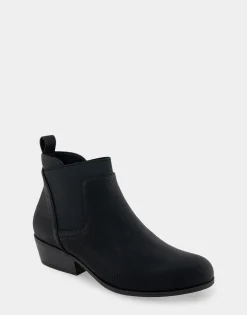 Comfortable Women's Gored Ankle Bootie With Pull Tab in Black Grainy Faux Leather Faux Leather