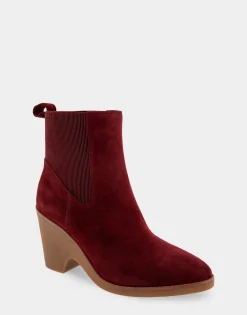 Comfortable Women's Gored Sculpted Wedge Crepe Heel Bootie in Burgundy Suede Suede