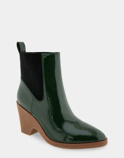 Comfortable Women's Gored Sculpted Wedge Crepe Heel Bootie in Fir Green Crinkled Patent Faux Leather Patent Faux Leather