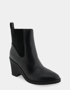 Comfortable Women's Gored Sculpted Wedge Crepe Heel Bootie in Black Leather Leather