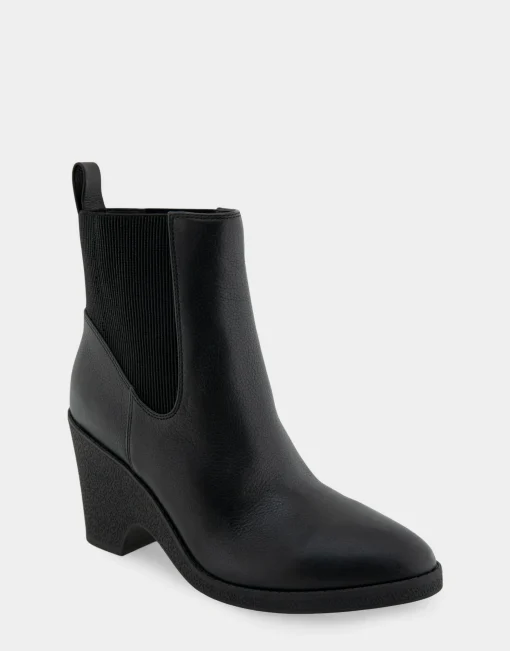 Comfortable Women's Gored Sculpted Wedge Crepe Heel Bootie in Black Leather Leather