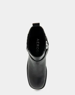 Comfortable Women's Gored Squared Toe Engineer Bootie in Black Waxy Leather Leather