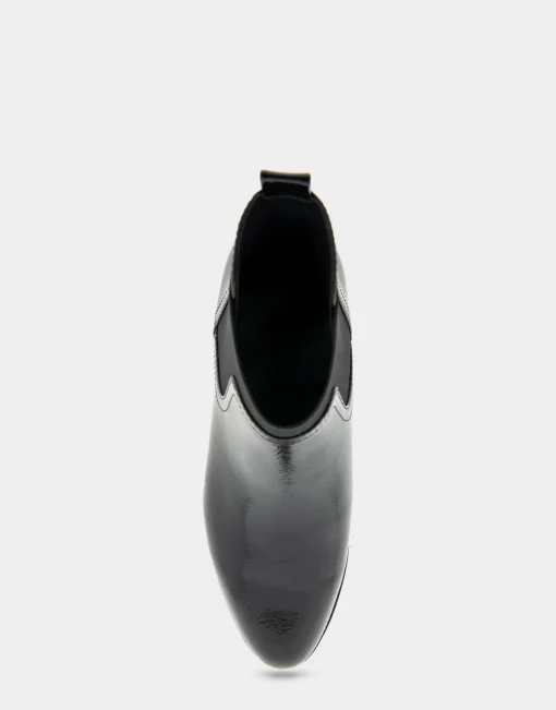Comfortable Women's Gored Ankle Bootie With Pull Tab in Black Crinkled Patent Faux Leather Patent Faux Leather