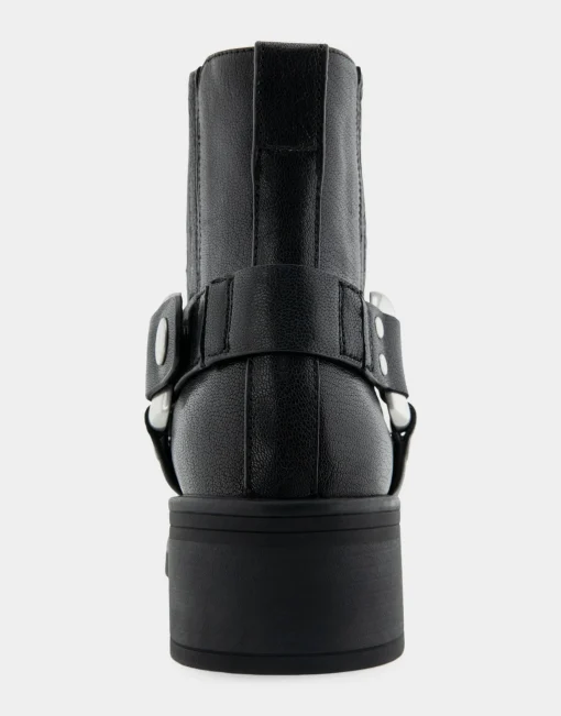 Comfortable Women's Gored Squared Toe Engineer Bootie in Black Waxy Leather Leather