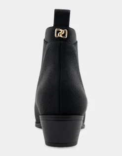 Comfortable Women's Gored Ankle Bootie With Pull Tab in Black Grainy Faux Leather Faux Leather