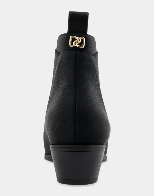 Comfortable Women's Gored Ankle Bootie With Pull Tab in Black Grainy Faux Leather Faux Leather