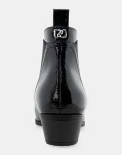 Comfortable Women's Gored Ankle Bootie With Pull Tab in Black Crinkled Patent Faux Leather Patent Faux Leather