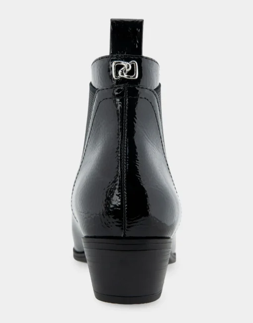 Comfortable Women's Gored Ankle Bootie With Pull Tab in Black Crinkled Patent Faux Leather Patent Faux Leather