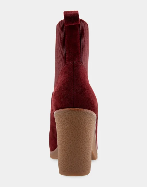 Comfortable Women's Gored Sculpted Wedge Crepe Heel Bootie in Burgundy Suede Suede