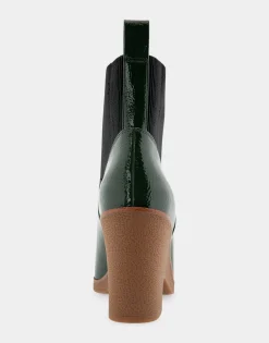Comfortable Women's Gored Sculpted Wedge Crepe Heel Bootie in Fir Green Crinkled Patent Faux Leather Patent Faux Leather